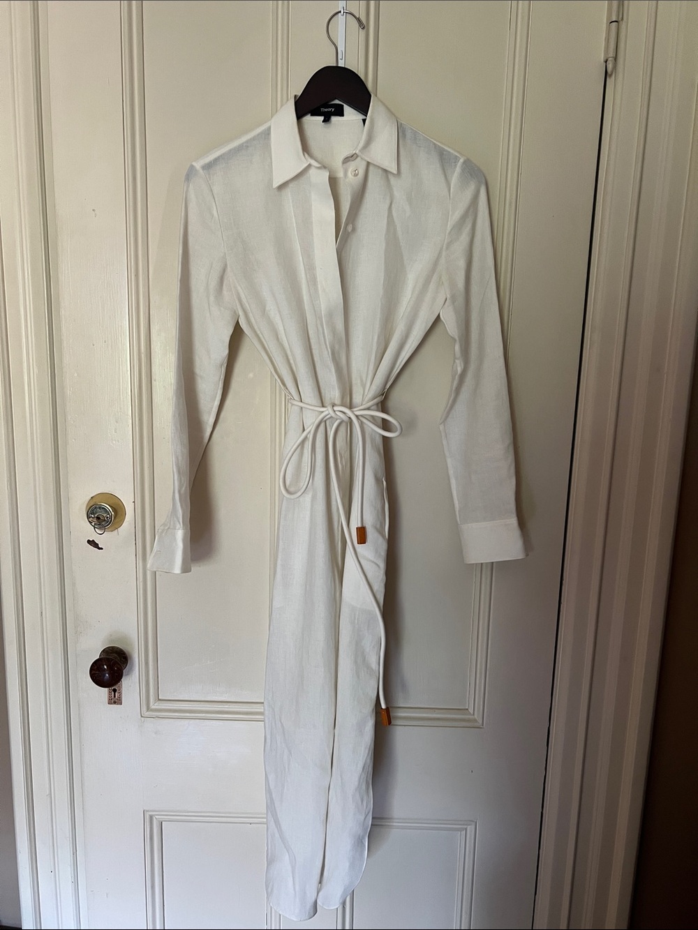 Theory White Long-Sleeve Tie-Waist Shirt Dress